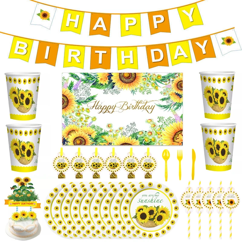 

Sunflower Theme Afternoon Tea Party Decorations Paper Plate Cup Straws Supplies Girls Birthday Party Tableware Flower Fork Spoon