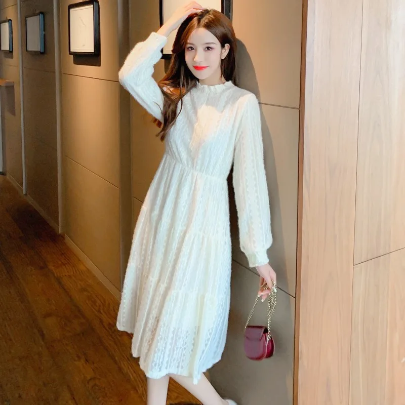 

Korean Dress Long Cute Tulle Lace Woman 2021 Dresses Vintage Winter Midi White Puff Sleeve Casual Maxi Mesh Ruched Party Chiffon