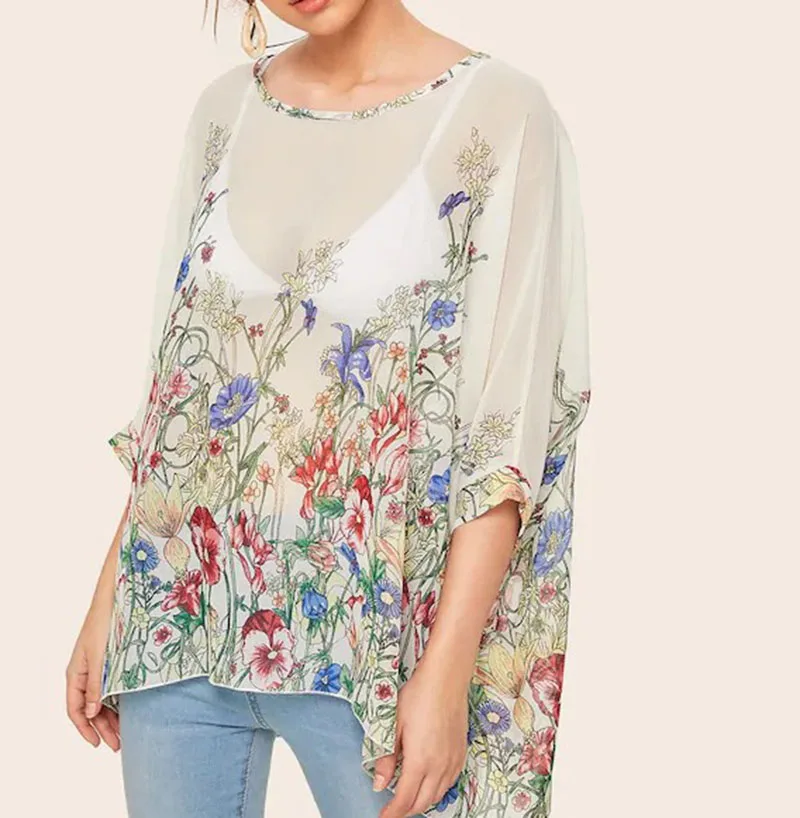 Boho летняя блузка с рукавом летучая мышь Женская Повседневная Свободная рубашка