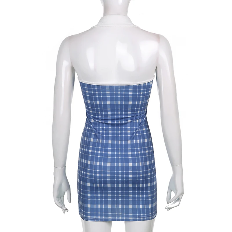 

Rapcopter Vintage Blue Plaid Mini Dress Summer Knitted Dress Backless Turn Down Collor Tank Dress Trendy Women Streetwear 2021