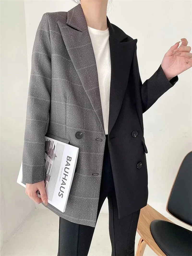 2023 Women Double Breasted Mid-Length Patchwork Casual Office Blazer Suit Commute Formal Clothing Classic Contrast Colors Blazer