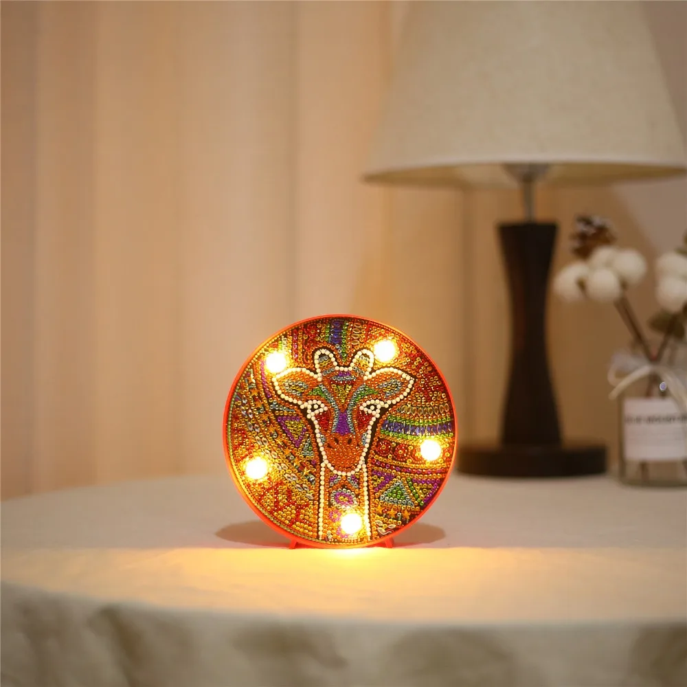 Christmas Hot Sale Round Circle Animal Mandala Landscape Diy Diamond Painting Led Light Lamp On The Table Round Shinny Beads