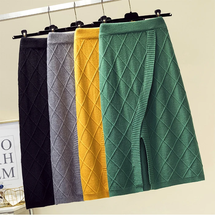 TIGENA Fashion Split Knitted Midi Skirt Women Autumn Winter Korean Warm A-line High Waist Knee Length Skirt Female Ladies