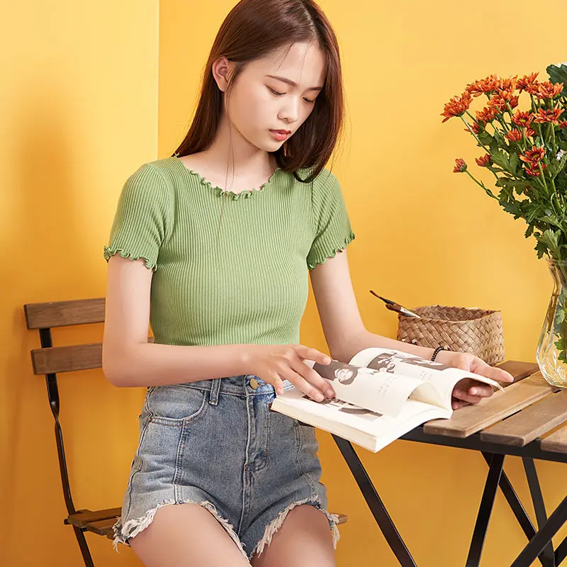 Женская футболка с коротким рукавом летний короткий пуловер свитер топ женские