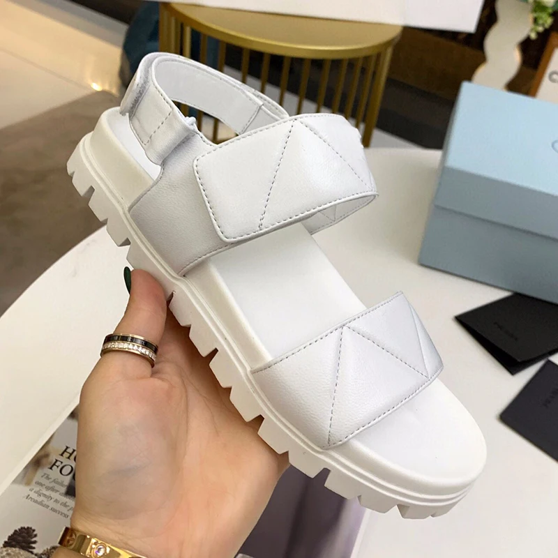 

2021 New Summer Fashion Flat Sandles Women's Real Leather Sewing Magic Tape Design One Strap Sandalias Comfortable Casual Shoes