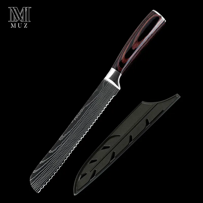 8 in Bread knife Нержавеющая сталь, высокое качество, 8 дюймов, нож шеф-повара, лазерный дамасский сантоку, кухонные ножи, острый Кливер, нож для нарезки, подарок - Цвет: 8 in Bread knife