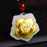 hetian jade inlaid 24k gold pendant fashion couple love rose flower necklace pendant jewelry gift