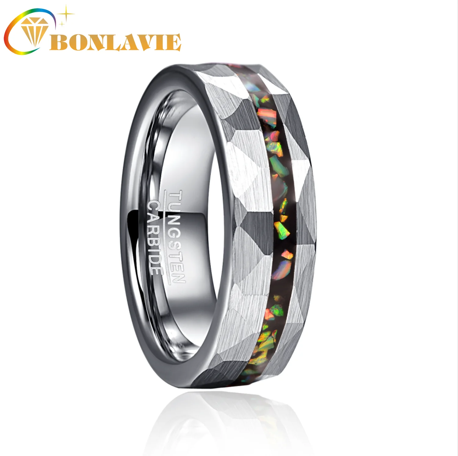 

6mm Hammered Fine Sand Inlaid with Opal Tungsten Carbide Steel Ring Men's and Women's Engagement Jewelry