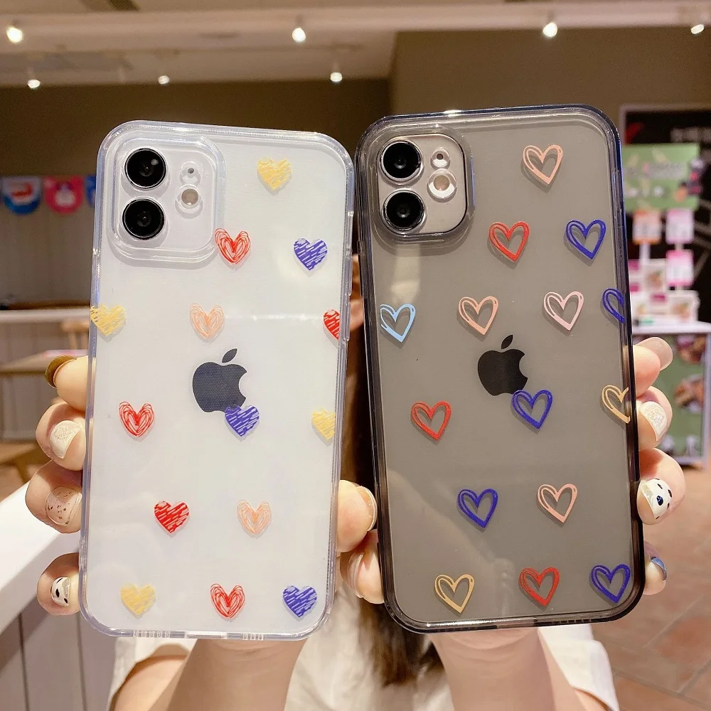 

Colorful Love Heart Transparent Phone Case For iPhone 11 12 Pro Max Mini 7 8 Plus X XS XR Max SE2020 Couples Soft TPU Cover Capa