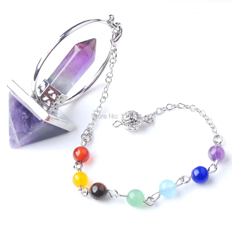 

WOJIAER Reiki Healing 7 Chakra Natural Amethysts Stone Pendulum Dowsing Hexagonal Prism Pyramid Pendants PN8152