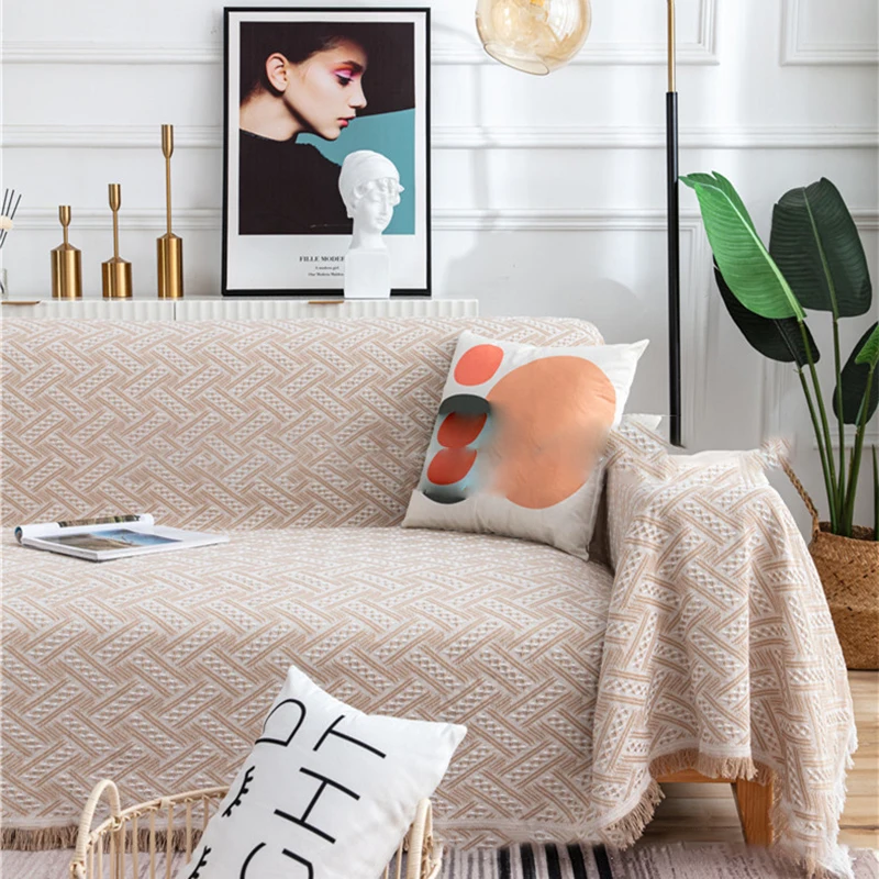 

Nordic Solid Colors Cotton Thread Tassel Knitted Sofa Blanket Cover Cloth Non-slip Tapestry Bedspread Home Textile Decoration