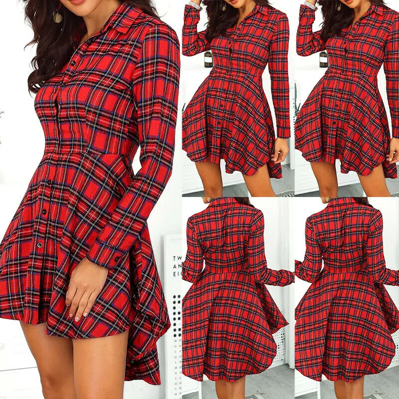 Новое модное женское клетчатое платье на пуговицах с длинным рукавом