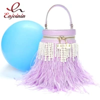 luxury pearl feather tassel womens bucket handbag high quality designer bag fashion female purse party wedding clutch bag new