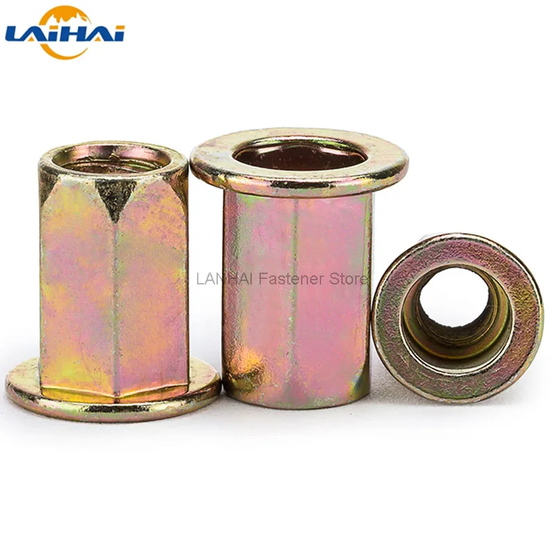 Стержневая гайка с плоской головкой и шестигранной формой из углеродистой стали M4 M5 M6 M8 M10 M12, в количестве 5/10/20 штук, с метрической резьбой.
