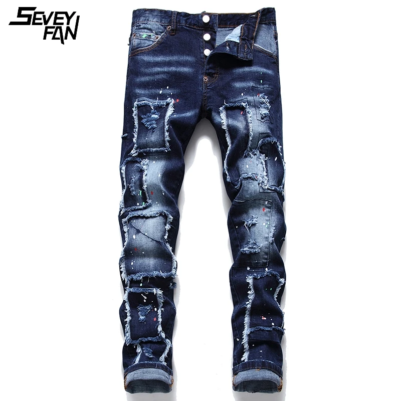 

Hip Hop Hole Jeans Blue Fashion Paint Printed Tassel Patchwork Skinny Fashion Denim Pants Brand Streetwear Jean Trousers for Men