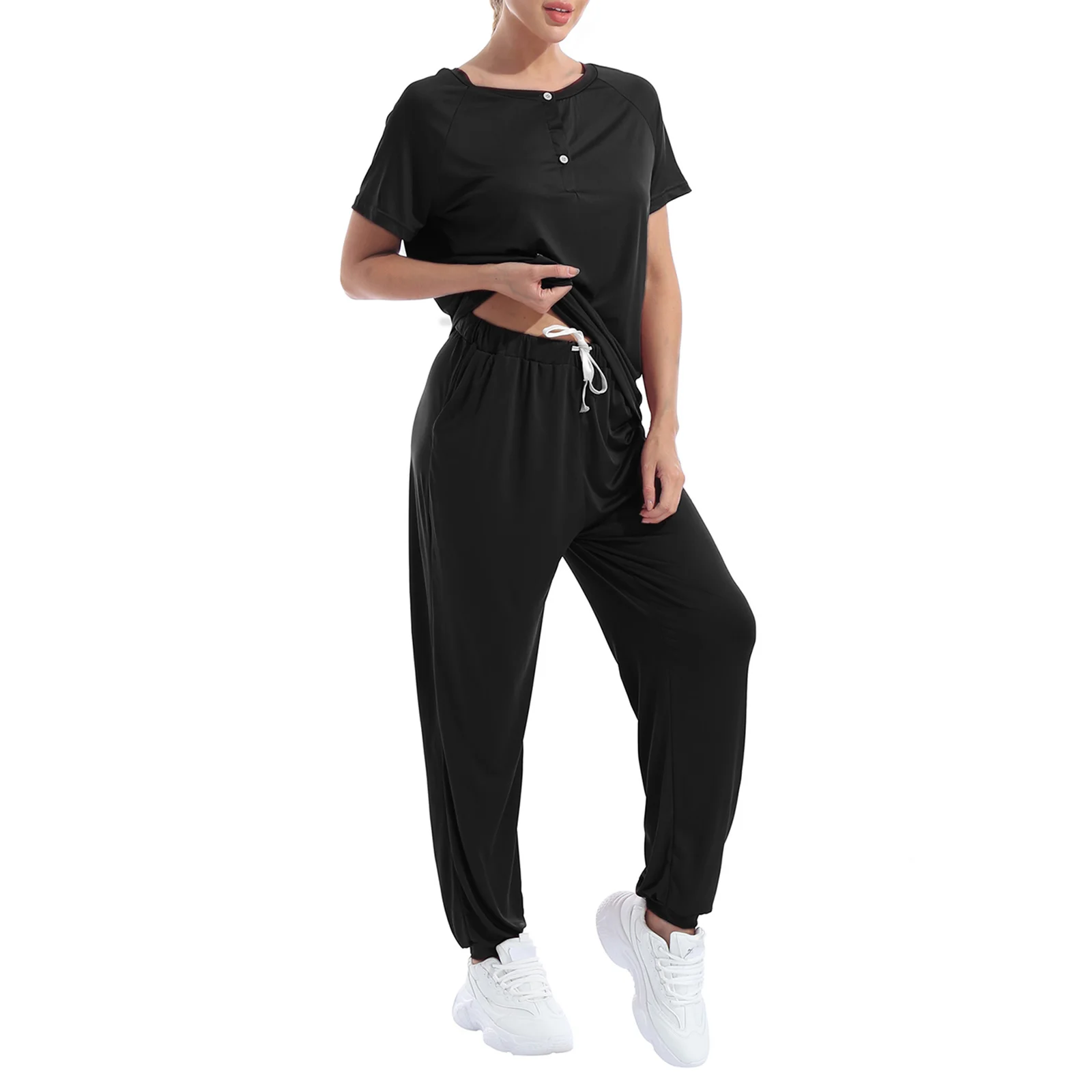 

Women 2Pcs Sports Set Short Sleeves T-shirt Drawstring Pants Set Sport Leisure Wear Casual Suit