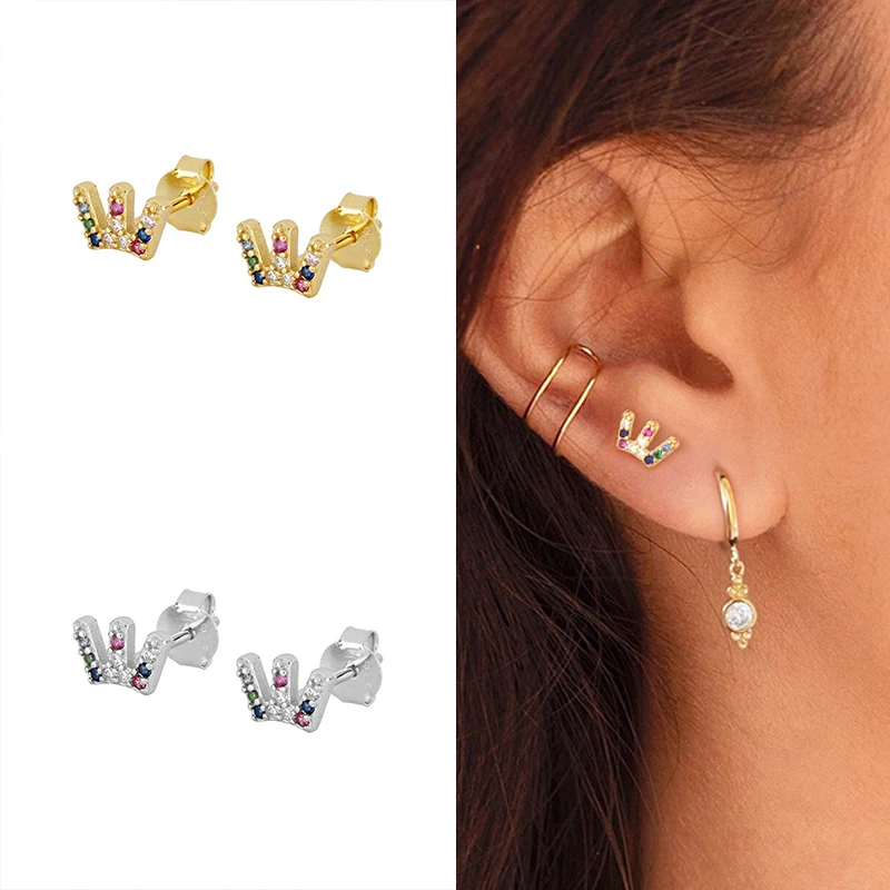 

925 Silver Exquisite Rainbow Crown-Shaped Small Stud Earrings Minimalist Fashion Popular Female Accessories Birthday Gifts