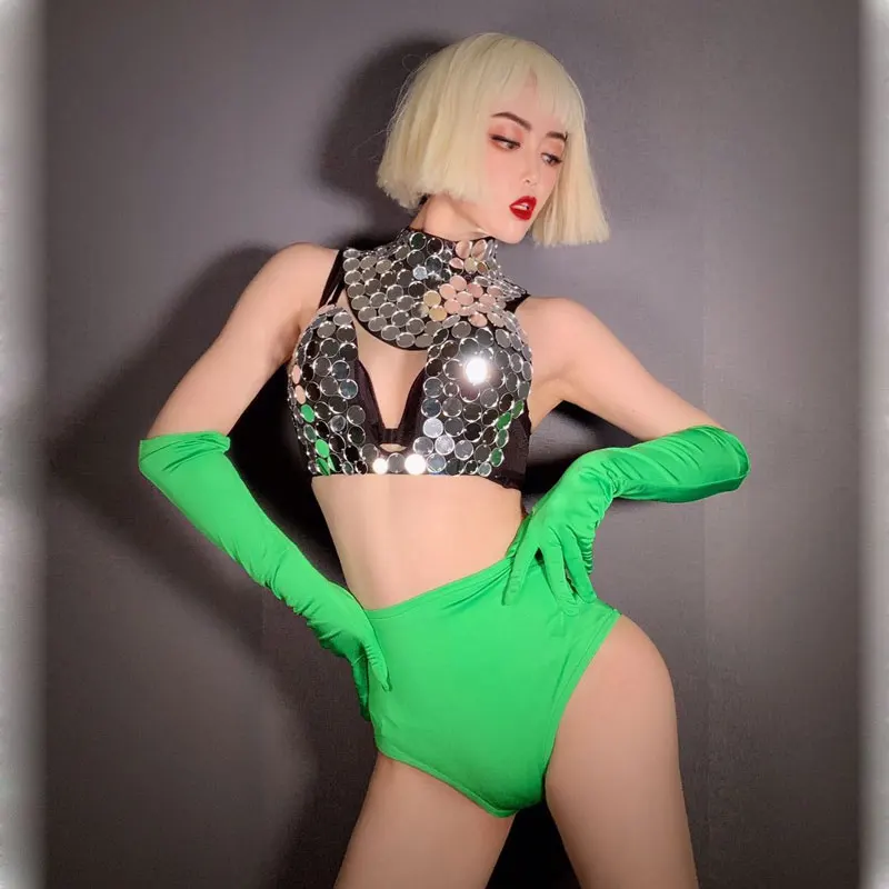 

Костюм женский флуоресцентный с зелеными зеркальными линзами, для танцев