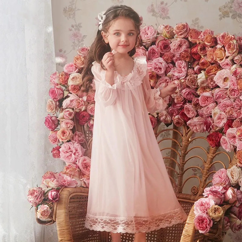 

Little Princess Style Nightgowns For Baby Girls Lace Bow Ruffles Long Sleeve Mid Length 2-14y Kids Soft Bathrobe Night Homewear