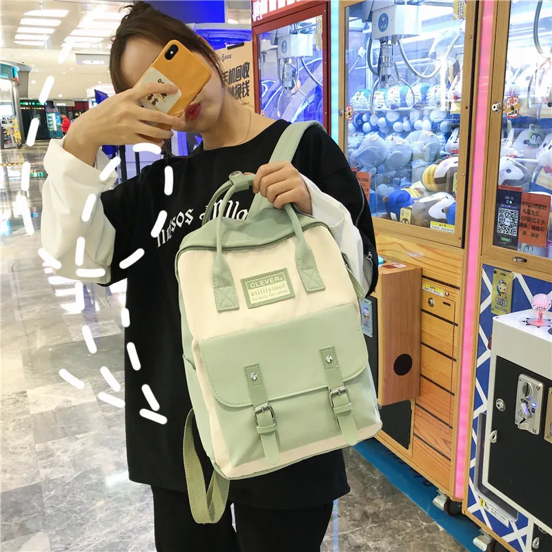 

New Korean style nylon clashing color backpack fashionable belt decoration portable shoulder bag