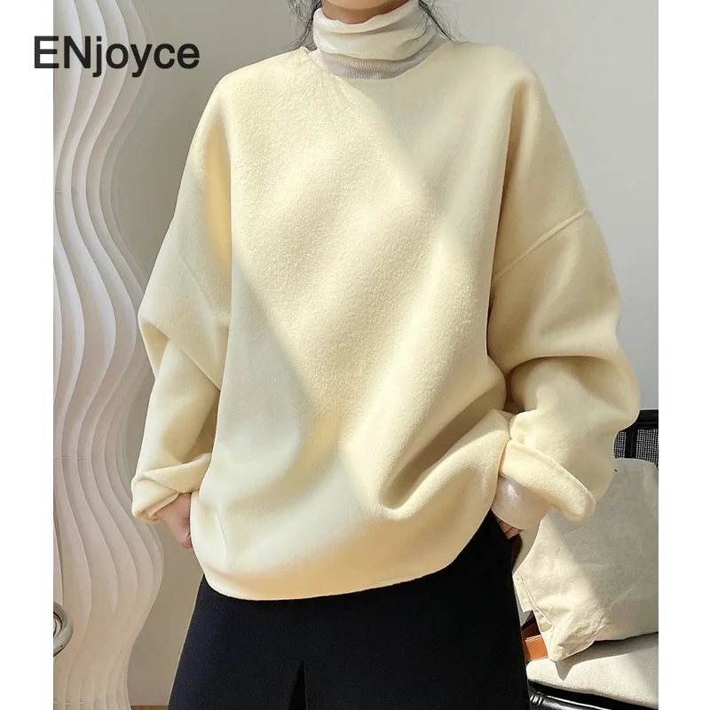 

Winter Double-sided Woolen Long Sleeve Sweatshirt Women Casual Loose Profile Pullovers Korean Fashion Round Neck Wool Top
