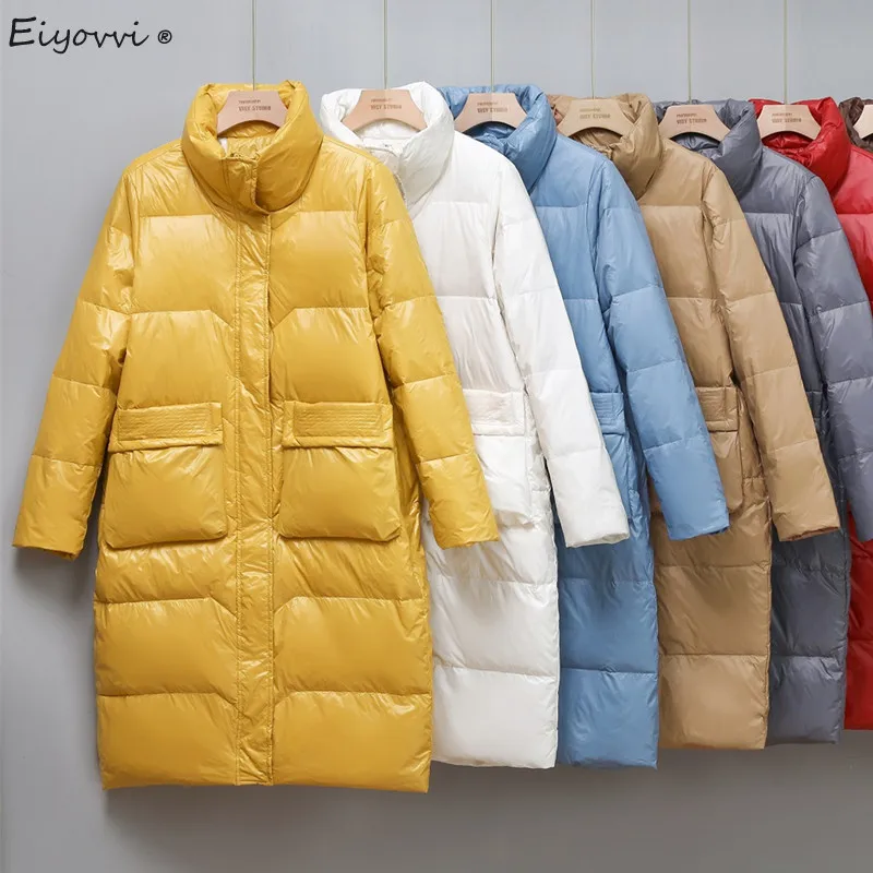 Women's Long Down Jacket Winter 2021 Simple Stand Collar Korean Loose Fashion Warm Female Jackets Warm Parka Outerwear