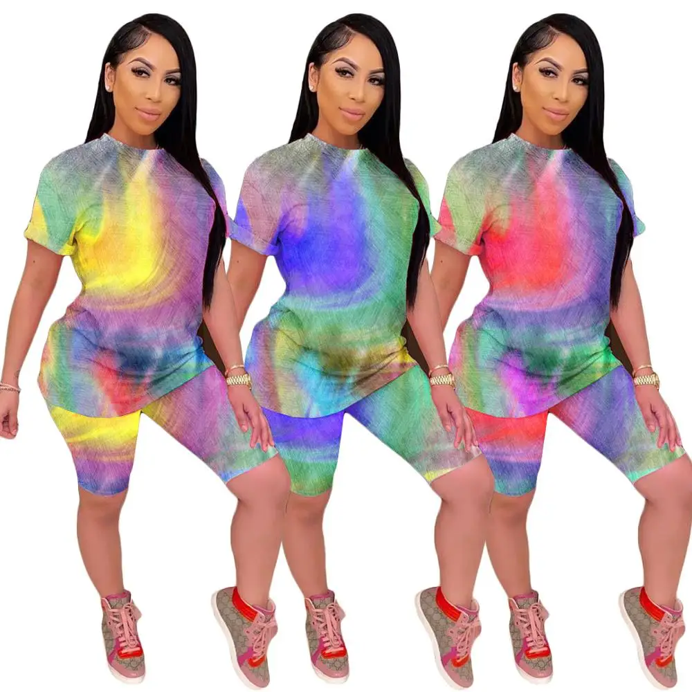 Модный и повседневный Радужный костюм с галстуком-краской Женский бандажный из