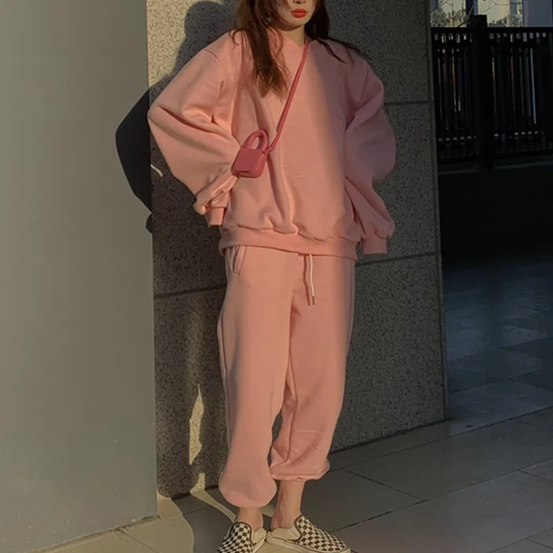 

Повседневные толстовки и брюки, комплект из двух предметов для женщин, СВОБОДНЫЙ Модный комплект с длинным рукавом и круглым вырезом, женск...