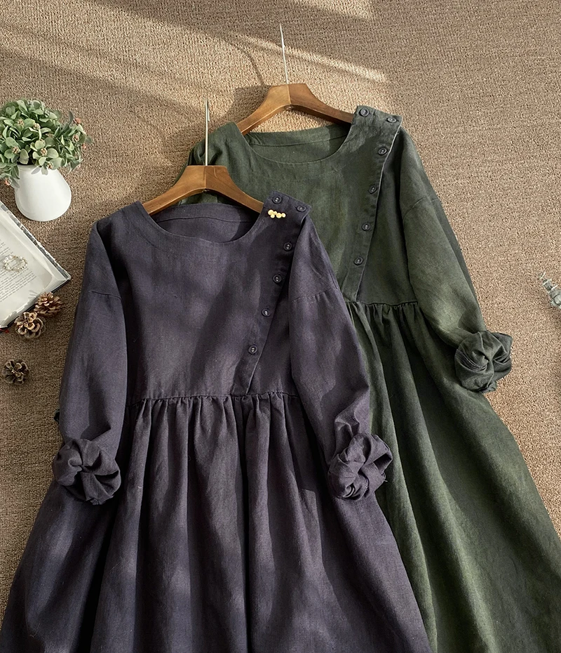 

Summer Women Mori Girl Vintage Loose Plus Size Comfortable 9*9 Linen Pullover Dresses