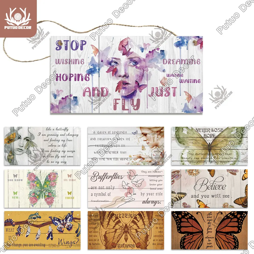 

Putuo Decor Butterfly Wooden Hanging Sign Decorative Plaque Wood Plate for Home Family Garden Doorway Door Wall Art Decoration