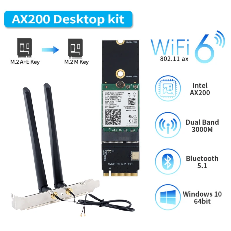 Карта переходника AX200 AX200NGW на M.2 Key M 3000 Мбит/с 802.11ax для беспроводной сетевой карты