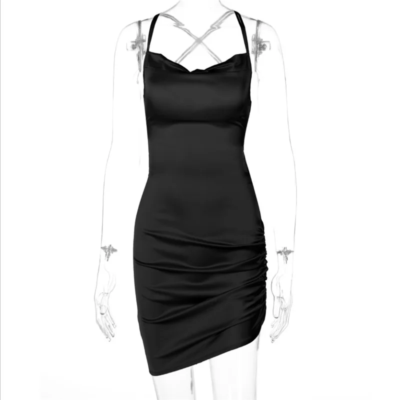 

Satin Women Strap Mini Dress Ruched Lace Up Cross Bandage Backless Bodycon Sexy Party Elegant 2021 Club Christmas Slim