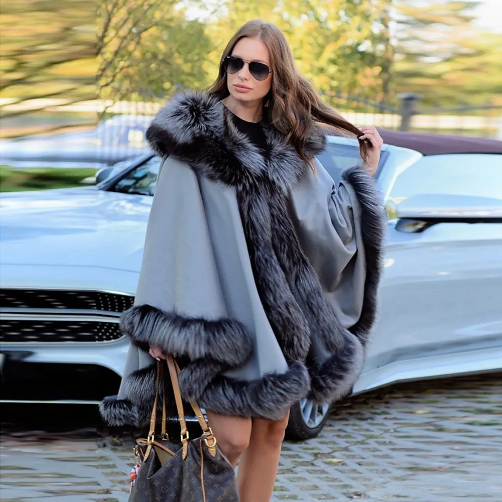 Fashion Women Natural Silver Fox Fur Cashmere Capes Luxury Full Pelt Genuine Fox Fur Ponchos Female Winter Fur Wool Blend Shawl