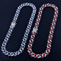 fashion popular 12mm silver color cuban link chain mens necklace red bule rhinestone hiphop rapper iced out men jewelry gift