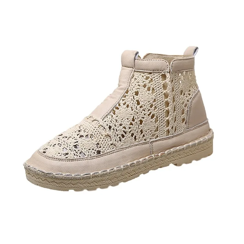 

Hollow Out Women Boots Flats Slip-on Solid Ankle Short Boot Round Toe Shoes For Women Thick-soled British Style Boots Women
