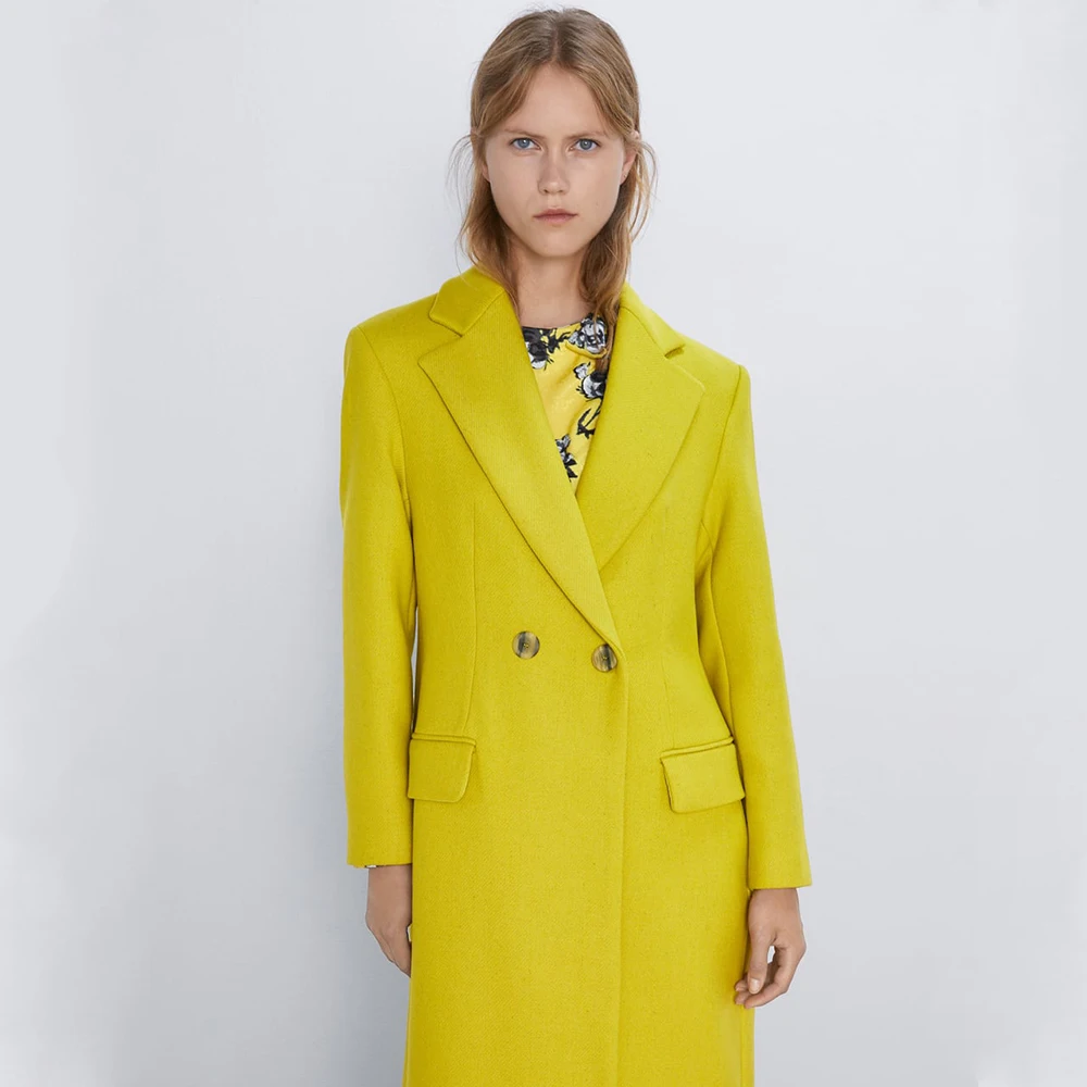 Женский костюм с юбкой ZA шерстяное двубортное пальто принтом и бантом желтый