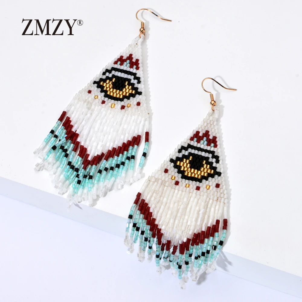 Женские богемные сережки подвески ZMZY большие длинные дурной глаз с плетеными