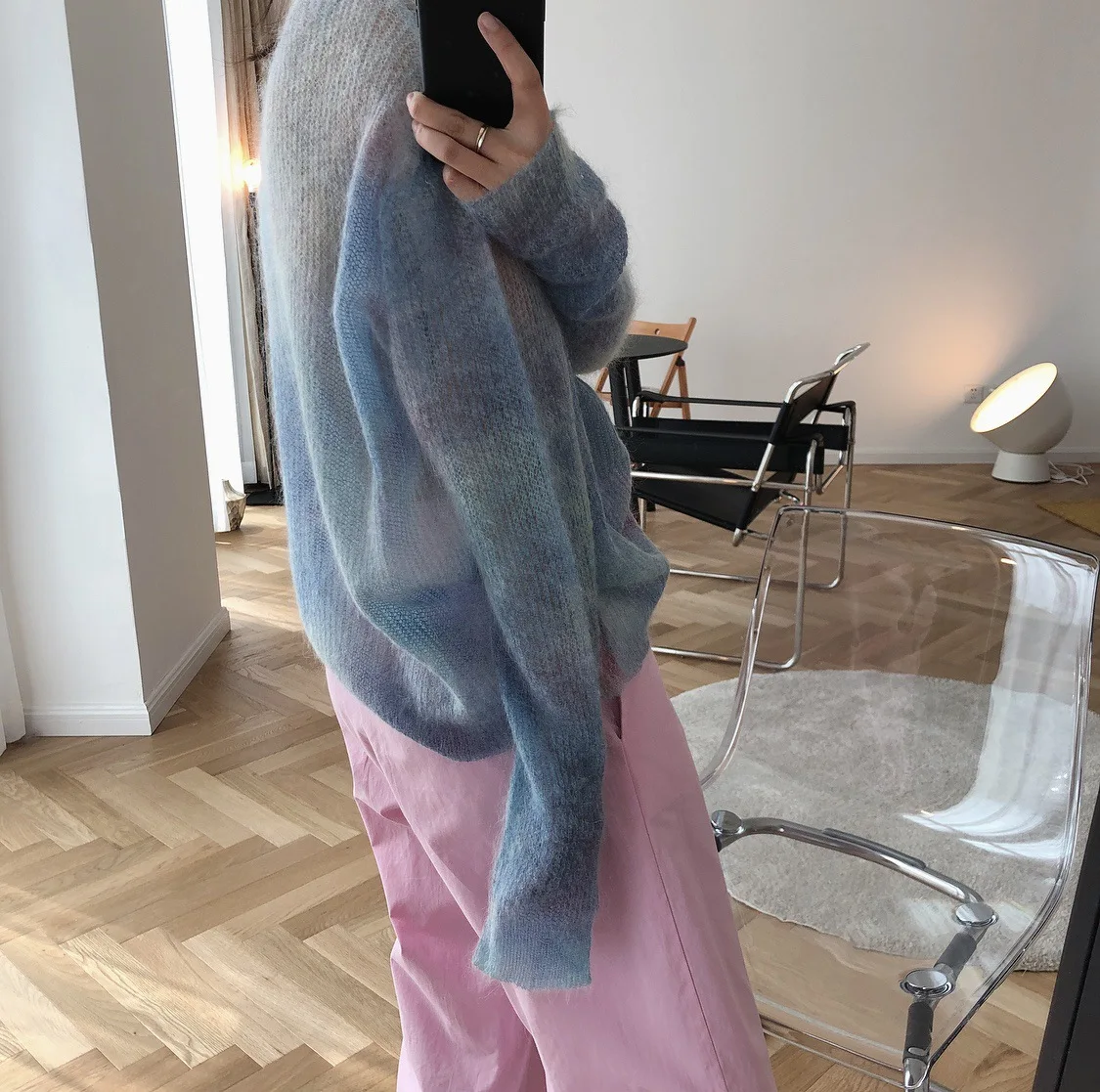 

Autumn New South Korea Lazy Style Perspective Mohair Round Neck Sweater Loose Tie Dye Top