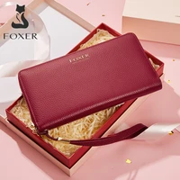 foxer women genuine leather wallet lady luxury long card holder slot money bag cowhide cell phone bag purse female id case