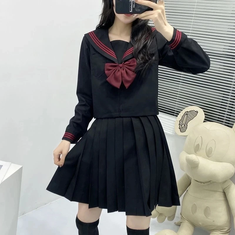 

Japanese School Uniform Suit Sailor JK S-2XL Basic Cartoon Girl Navy Sailor Uniform Black Sets Navy Costume Women Girl Costume