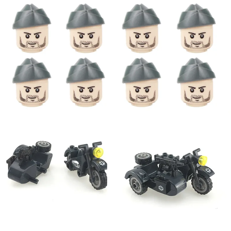 

WW2 Military Germany Army Three Wheeled Motorcycle Accessories Building Blocks Soldiers Boat Hat Guns Helmets Parts Bricks Toys