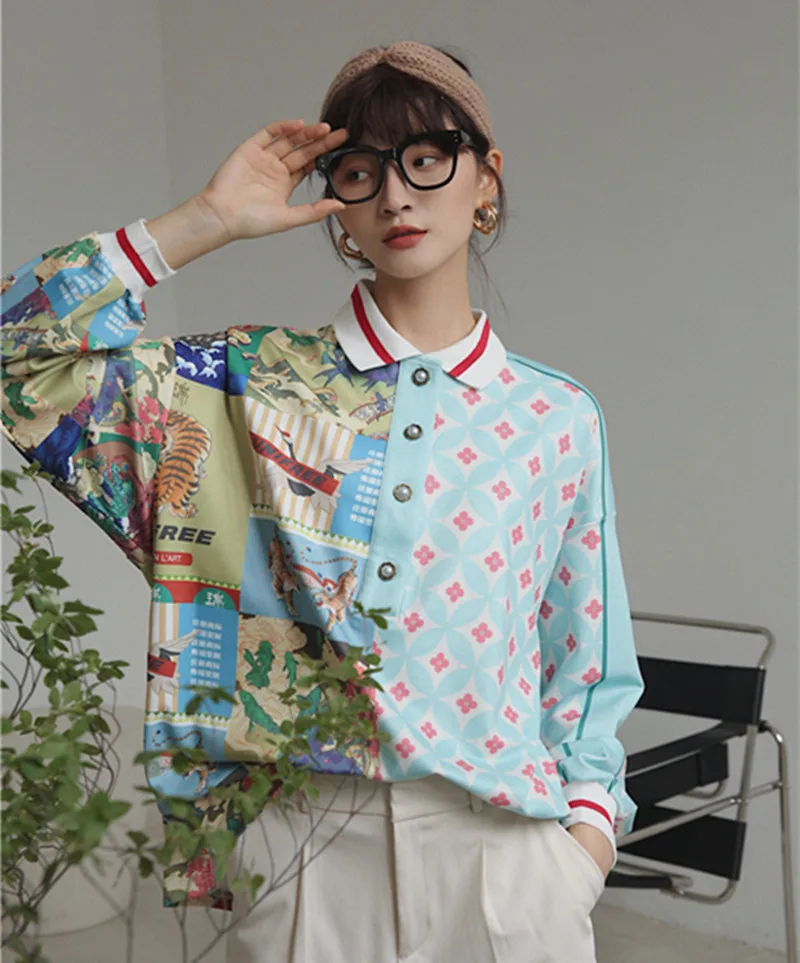 

Spring and Autumn Long Sleeve Polo Blouse Women's Loose Chinese Style Splicing Retro Printed Shirt Women Plus Size Women Shirts