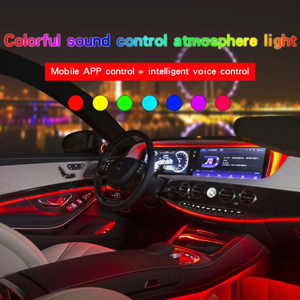

1 комплект, светодиодный светильник RGB с голосовым звуком для салона автомобиля, разноцветный неоновый светильник EL с пультом дистанционног...