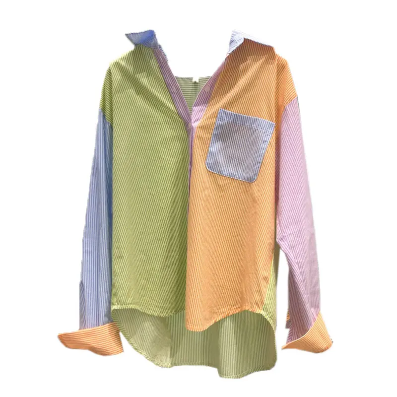 

Spring Autumn New Color Stripe Stitching Blouse Female Lapel Single-breasted Blusa All-match Casual Sunscreen Women Shirt GK484