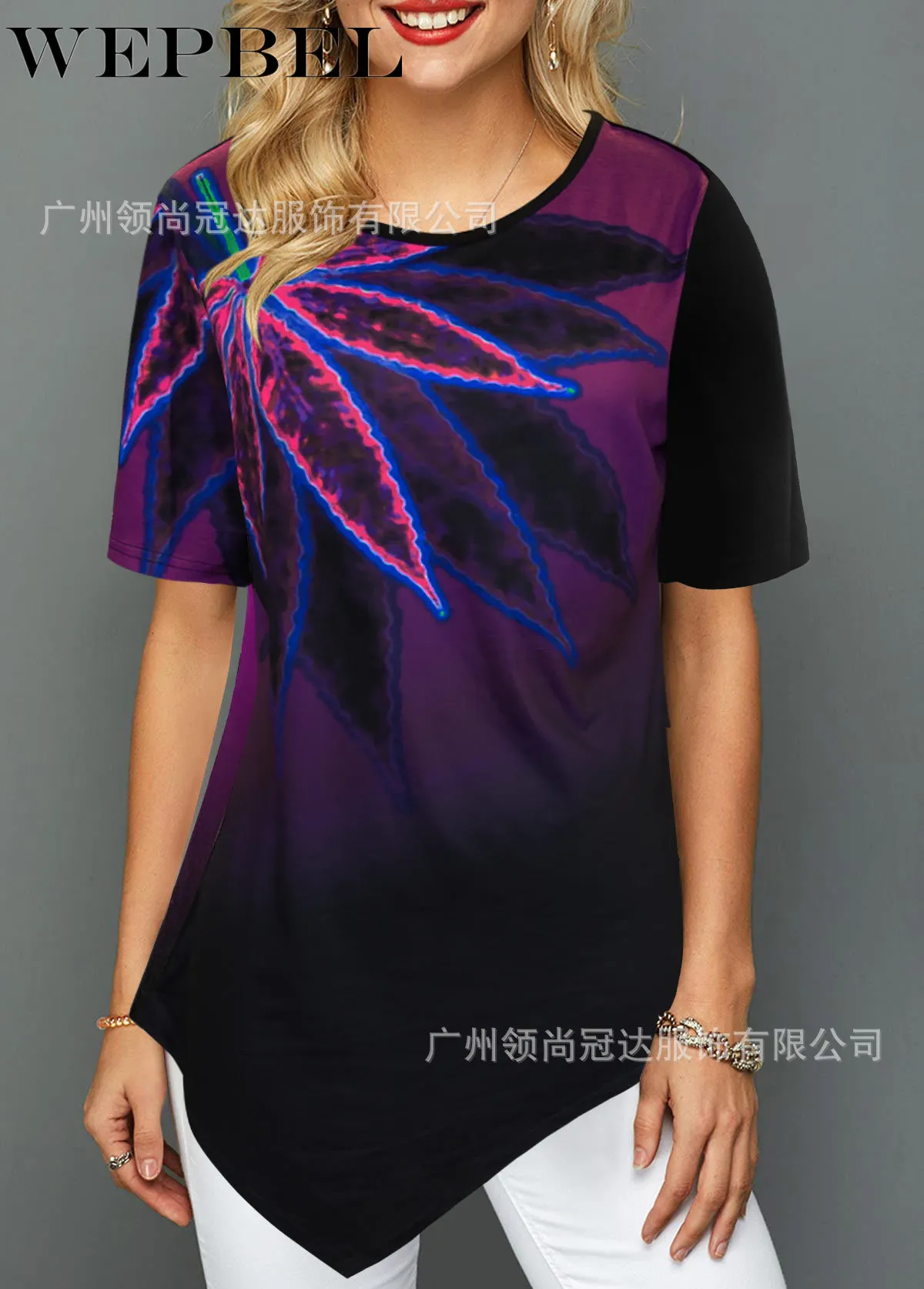 

WEPBEL Women Shirt Casual Summer Short Sleeve Round Neck Print Boho T-Shirts Loose Top Plus Size