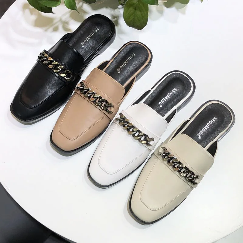 

2021 European and American Metal Chain Closed-Toe Slippers Women's Summer Slip-on Lazy Half Slippers