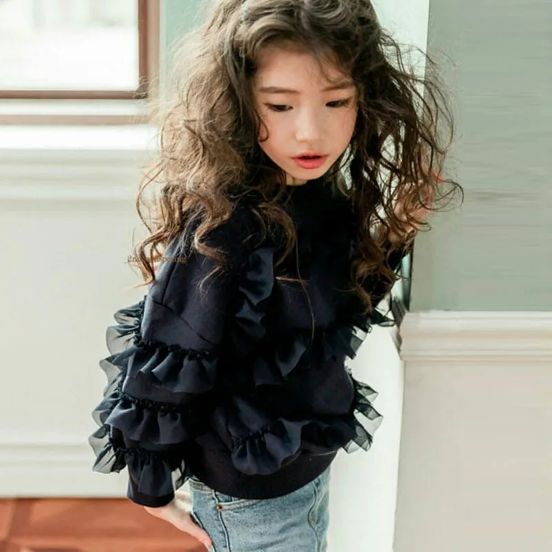 

White Black Spring 2022 Cotton Child Sweatshirt Children Kids Pullover Top Schhol Girls Kids Hoodies Ruffles Patchwork Clothing