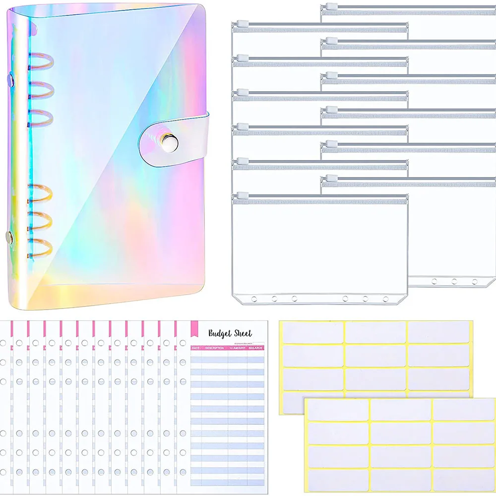 

27Pcs A6 PVC Budget Envelopes System Planner Organizer 6-Ring Binder Cover with Binder Zipper Pockets Budget Sheets and Labels