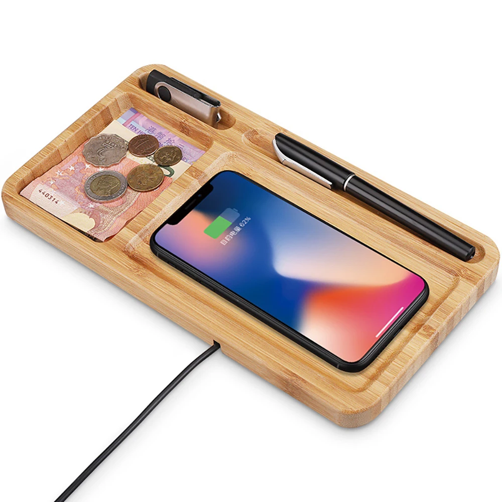 

Creative bamboo storage box 15W wireless charging Qi standard USB as storage tray table arrangement for iPhone charging