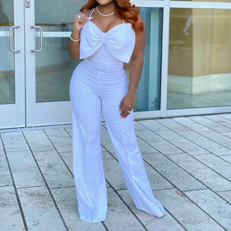

Spaghetti Strap Bowtie Design Loose Jumpsuit Summer Wide Leg Pants Overalls
